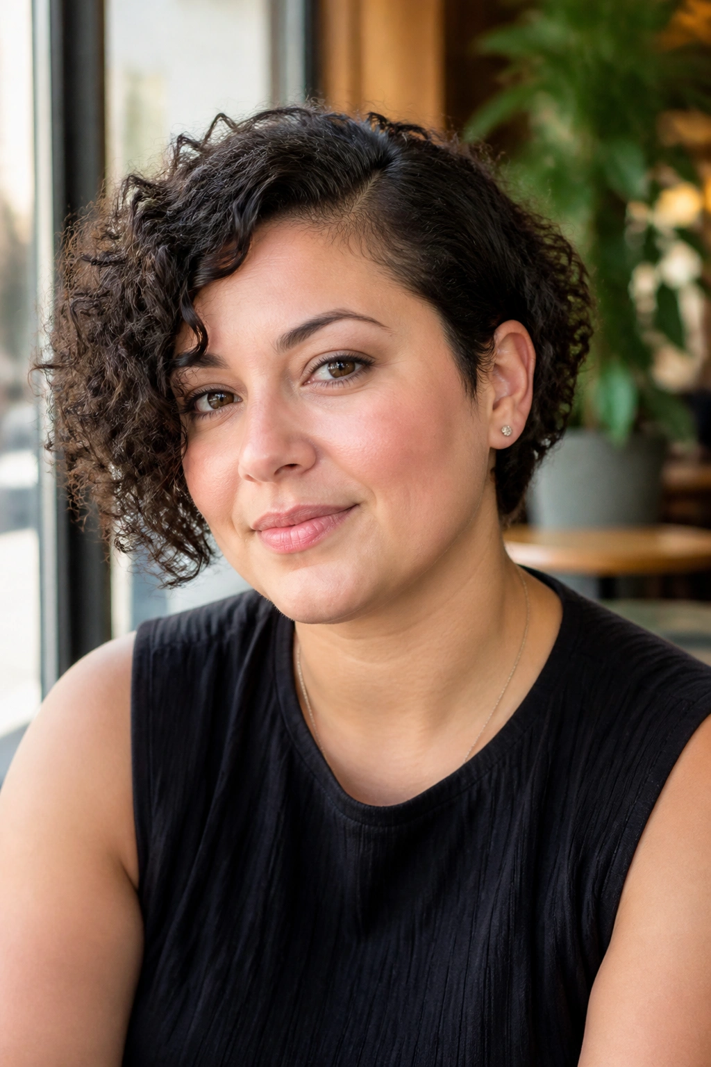 Close-up of a real woman with side-parted cropped curly hair