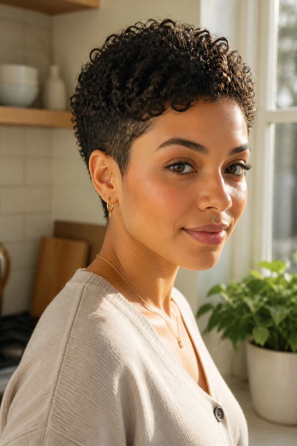 Real woman with cropped curls and soft taper under natural light