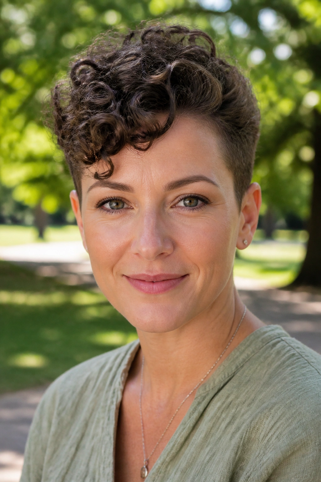 Real woman with cropped curly top pixie hairstyle.