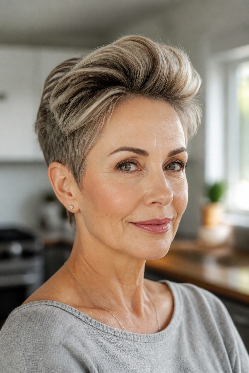 Portrait of a woman with cropped cut and crown volume