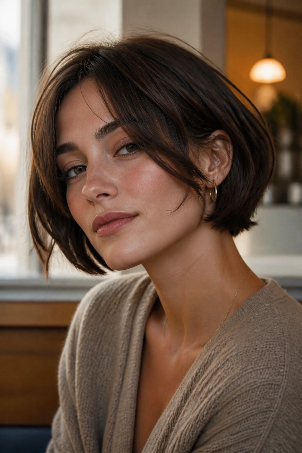 Close-up of a real woman with cheekbone-skimming cropped French bob