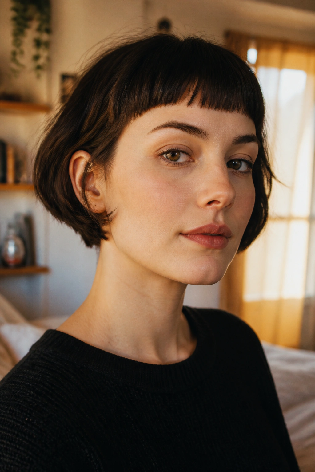 Close-up of a real woman with a cropped French bob and short fringe in warm window light