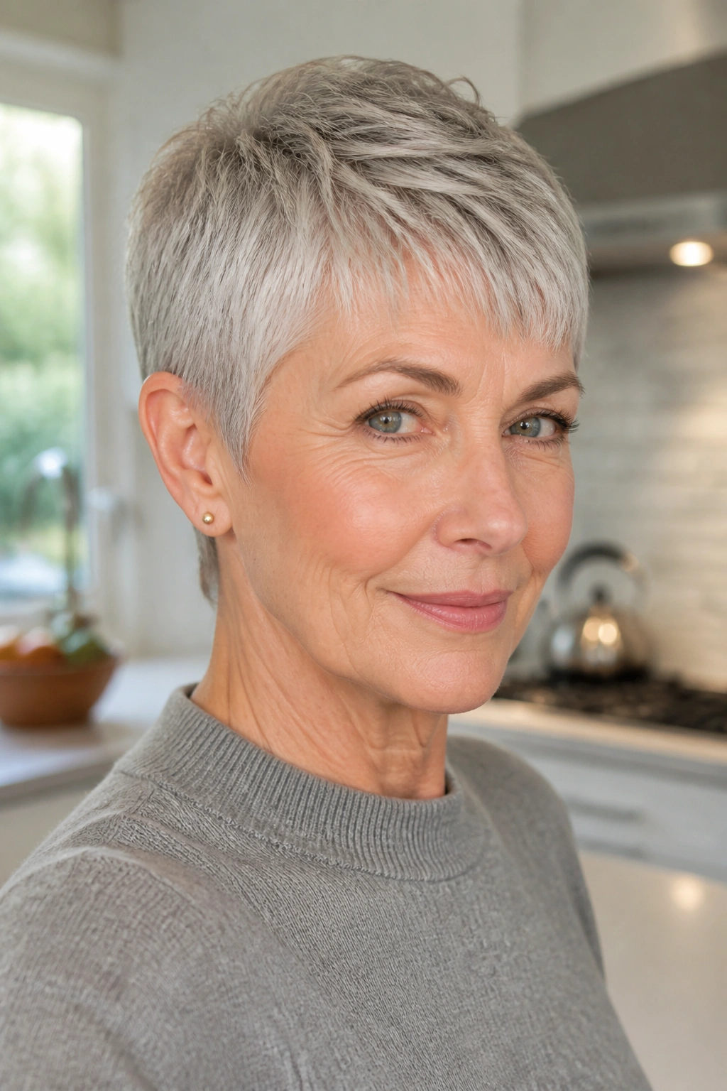 Real woman with cropped French pixie featuring short fringe and crisp lines in natural daylight.