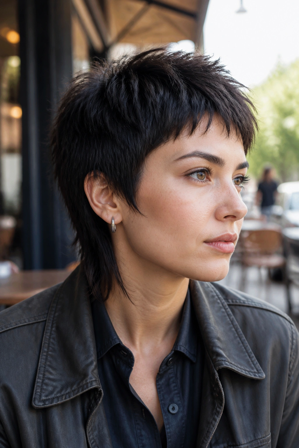 Portrait of a woman with a cropped mini mullet shag