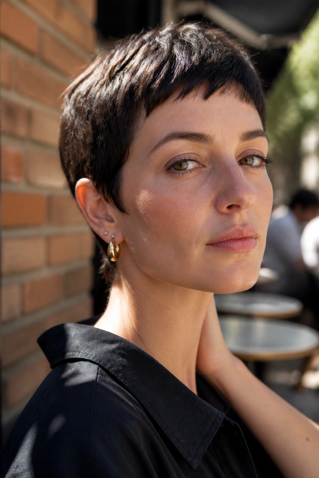 Close-up of a real woman with cropped pixie and baby bangs in a sunlit cafe setting