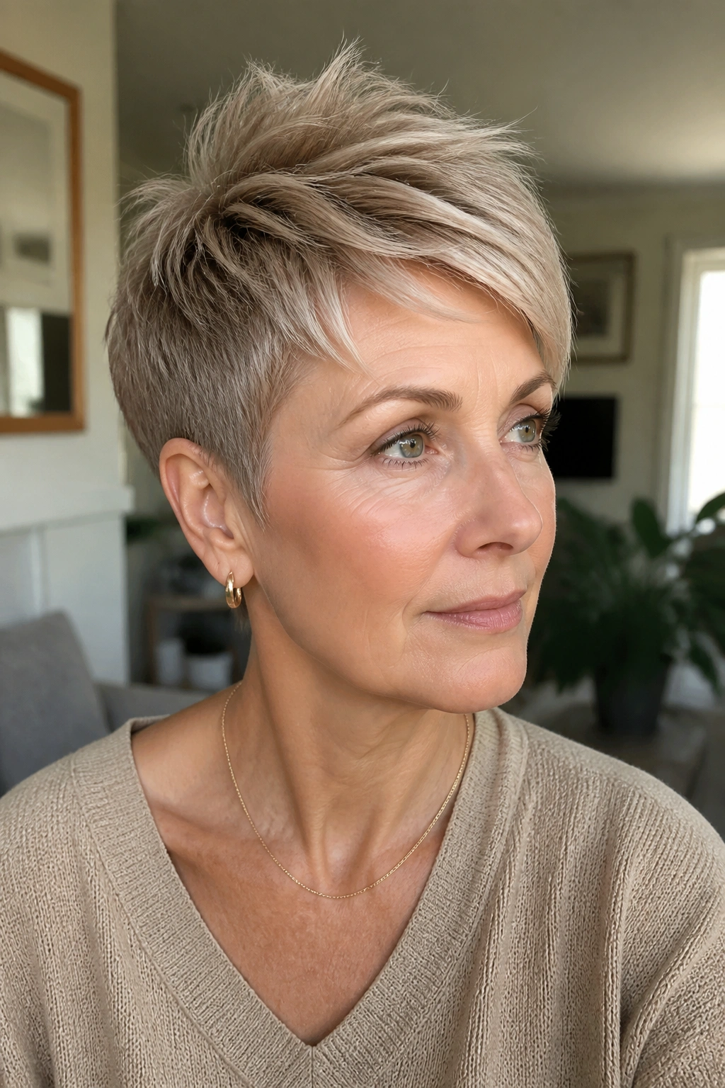 Close-up portrait of a real woman with a cropped pixie and crown lift