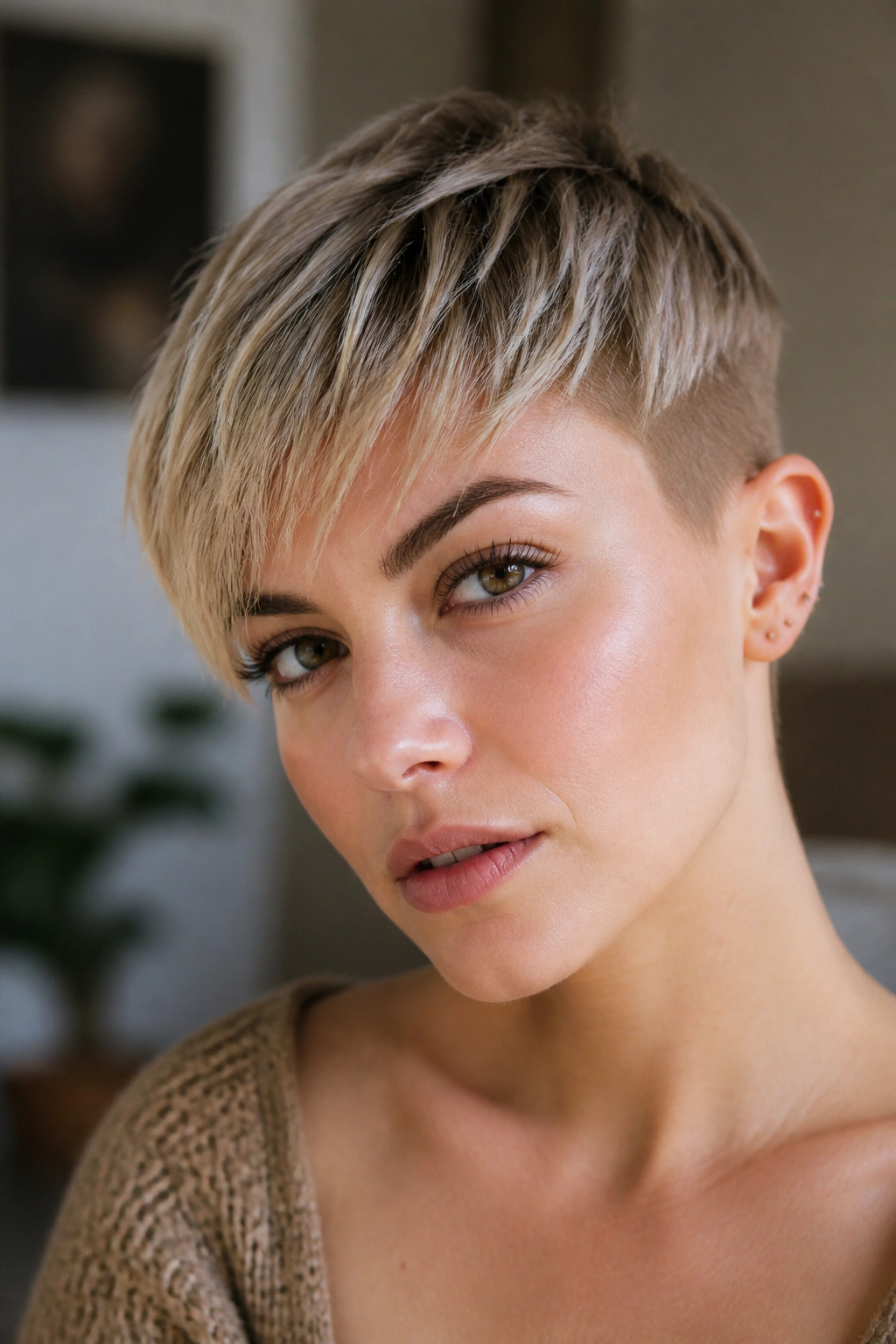 Close-up portrait of a real person with a cropped pixie and piecey fringe