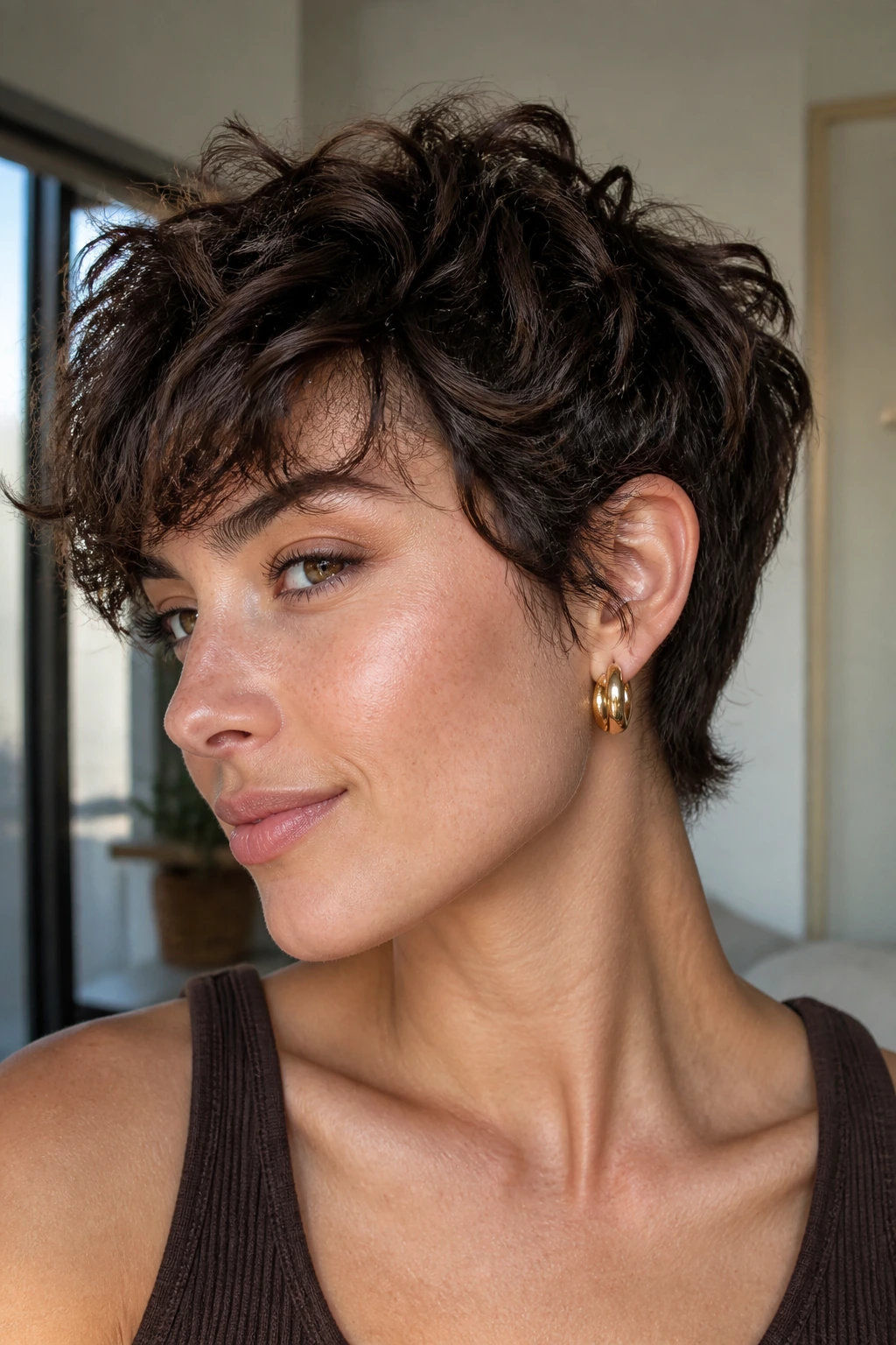 Close-up portrait of a real person with cropped pixie shag curls