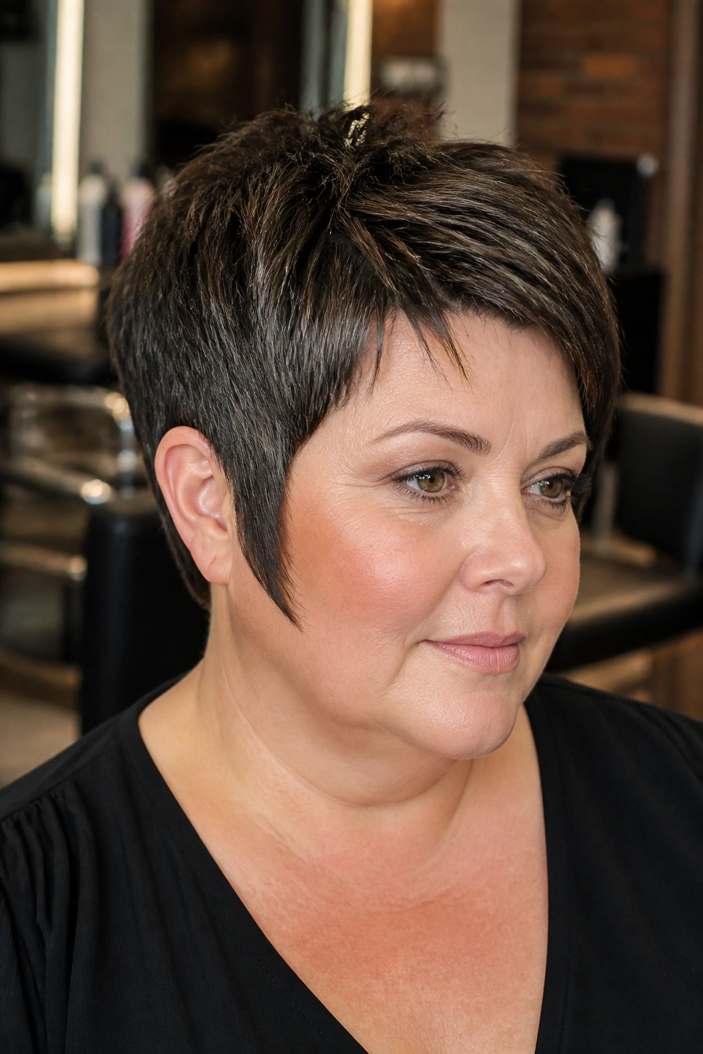 Real woman with classic cropped pixie and long sideburns, close-up portrait