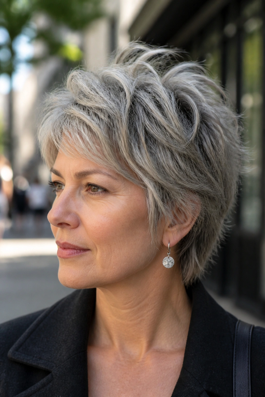 Close-up of a woman with cropped shag and airy layers outdoors