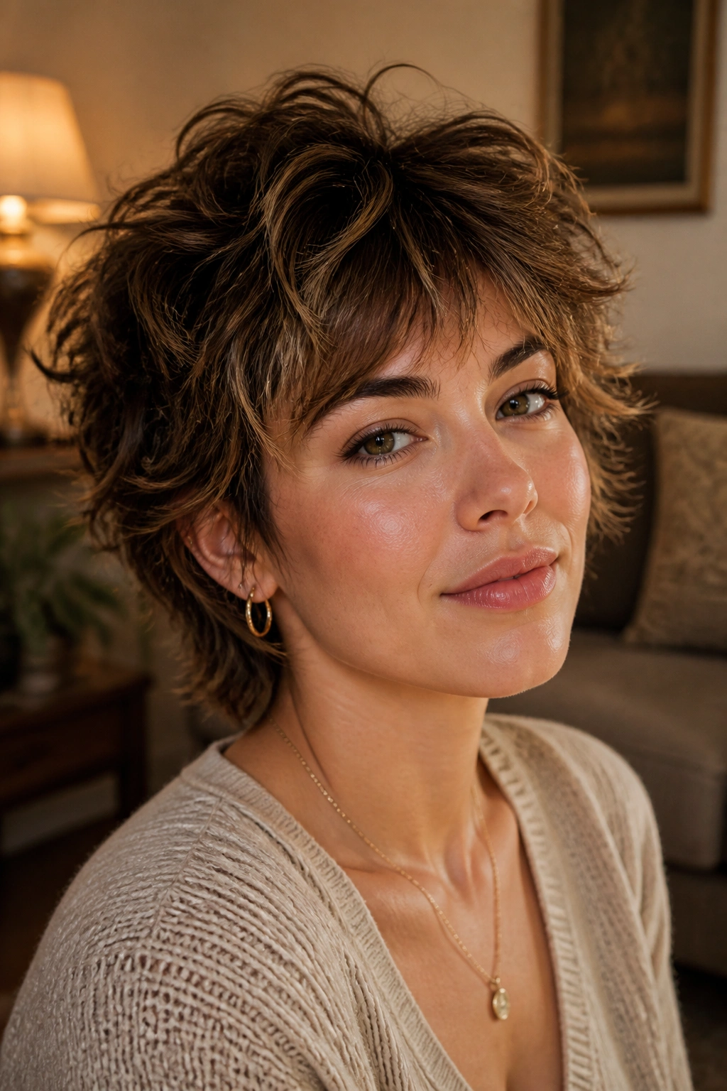 Close-up of a real woman with cropped shag hairstyle and layer texture