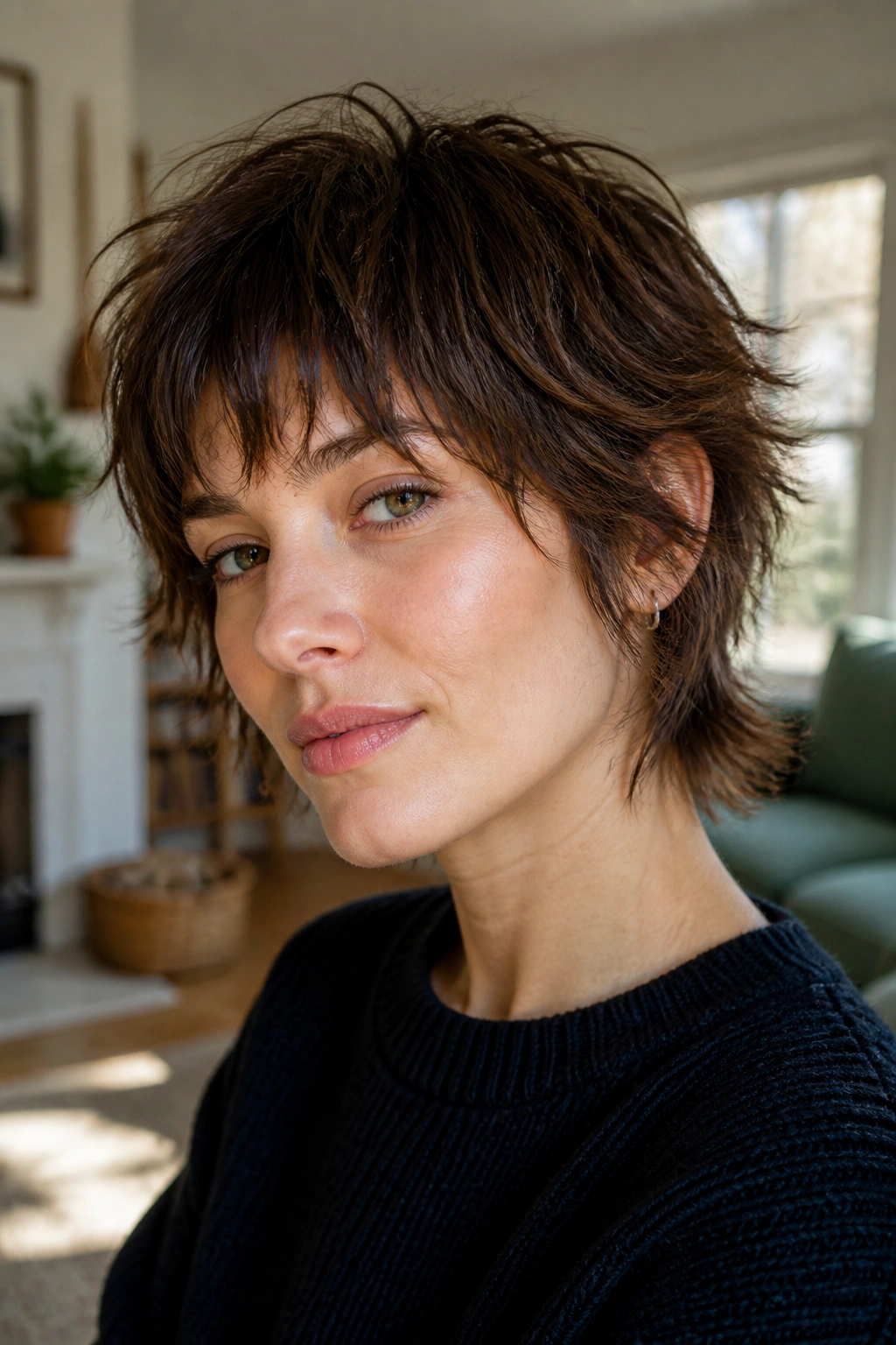 Close-up portrait of a woman with cropped shag featuring high layers and ragged ends