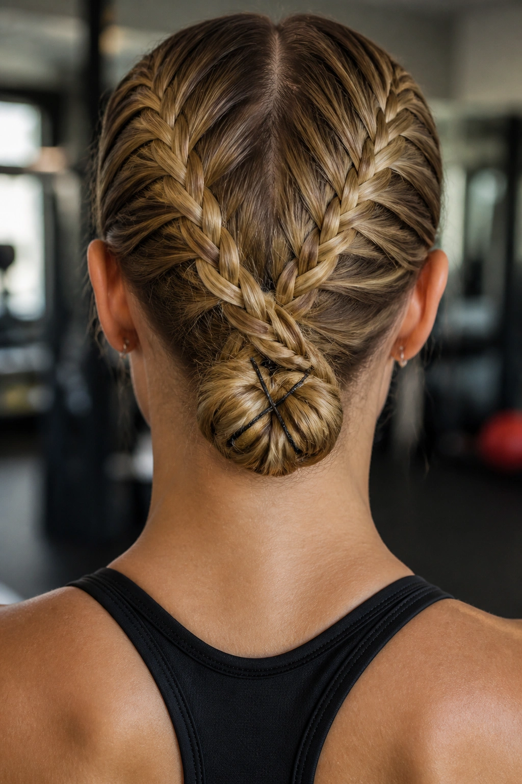 Close-up of a real woman with crossed braids forming a low knot at the back of the head