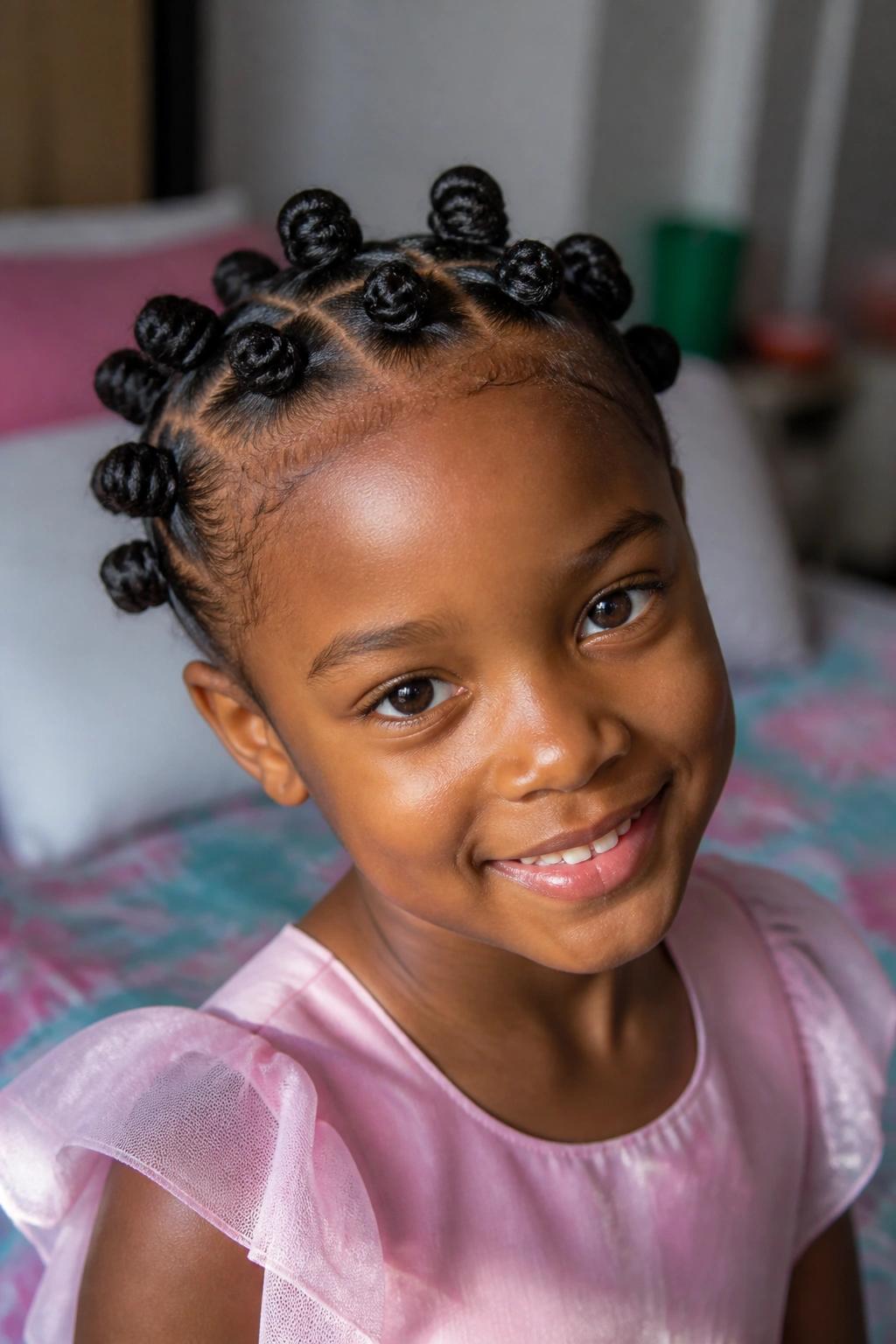Close-up of a child with a crown of mini bantu knots around the head in natural window light