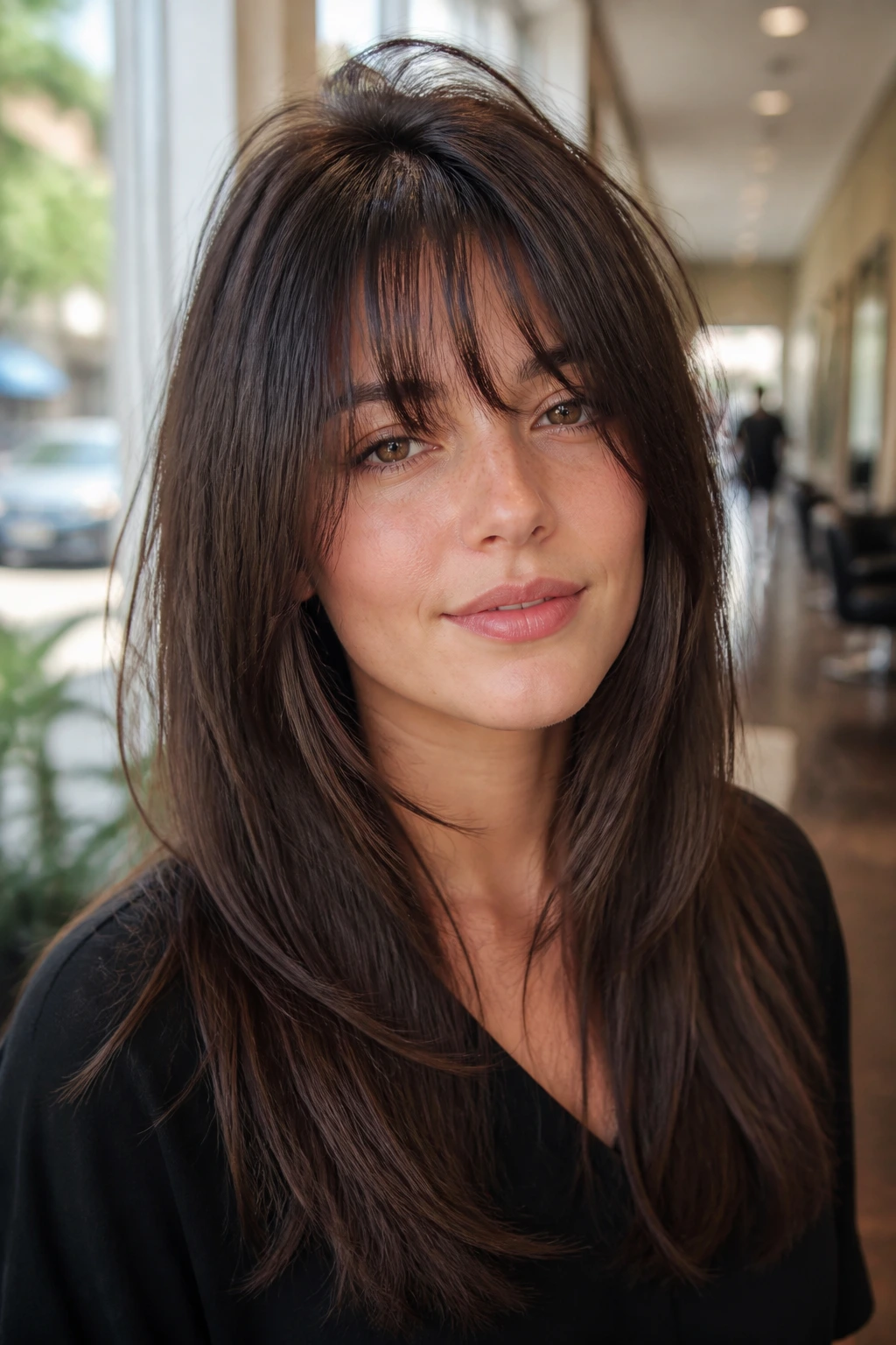 Close-up of a real woman with crown-boost layers and fringe in bright salon light