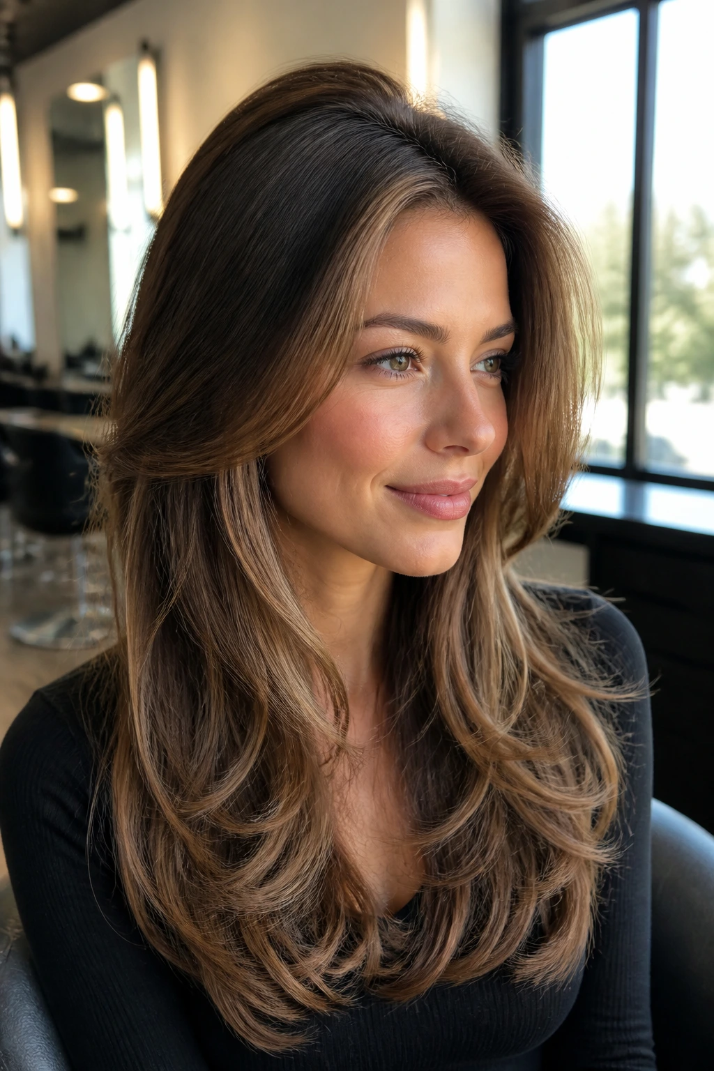 Real person with crown-boosting long layers lifting the roots at the crown
