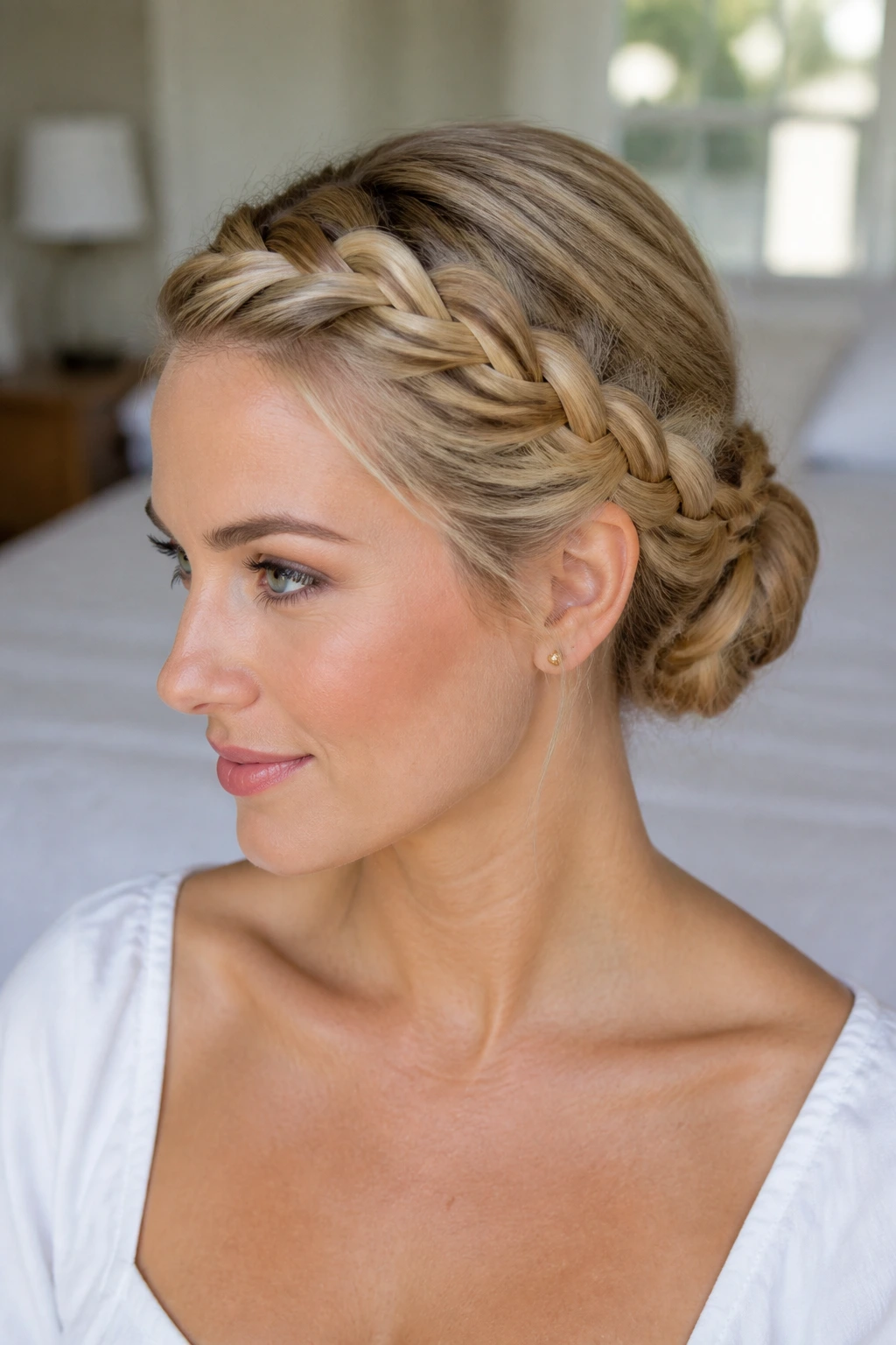 Close-up of real woman with crown braid leading to a back bun.