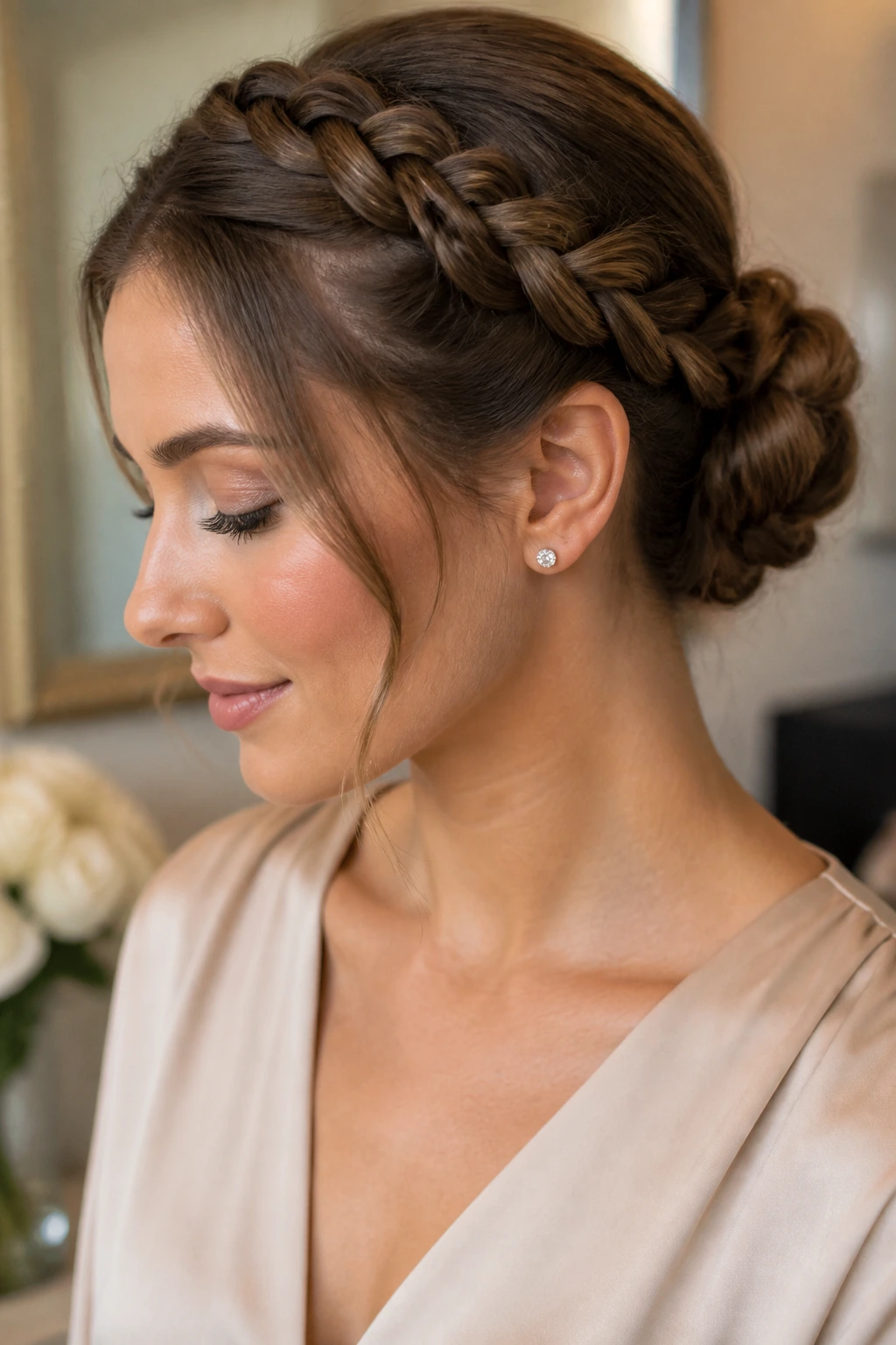Close-up of a real woman with a crown braid and low bun