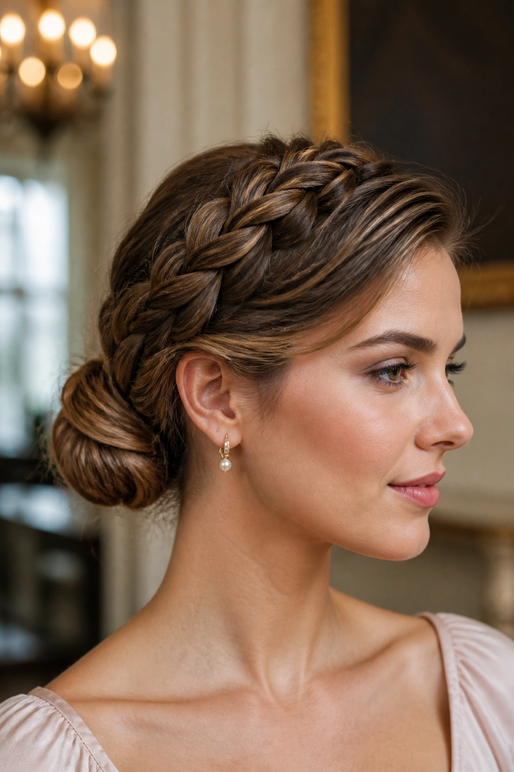 Real woman with crown braid leading to a bun side-part