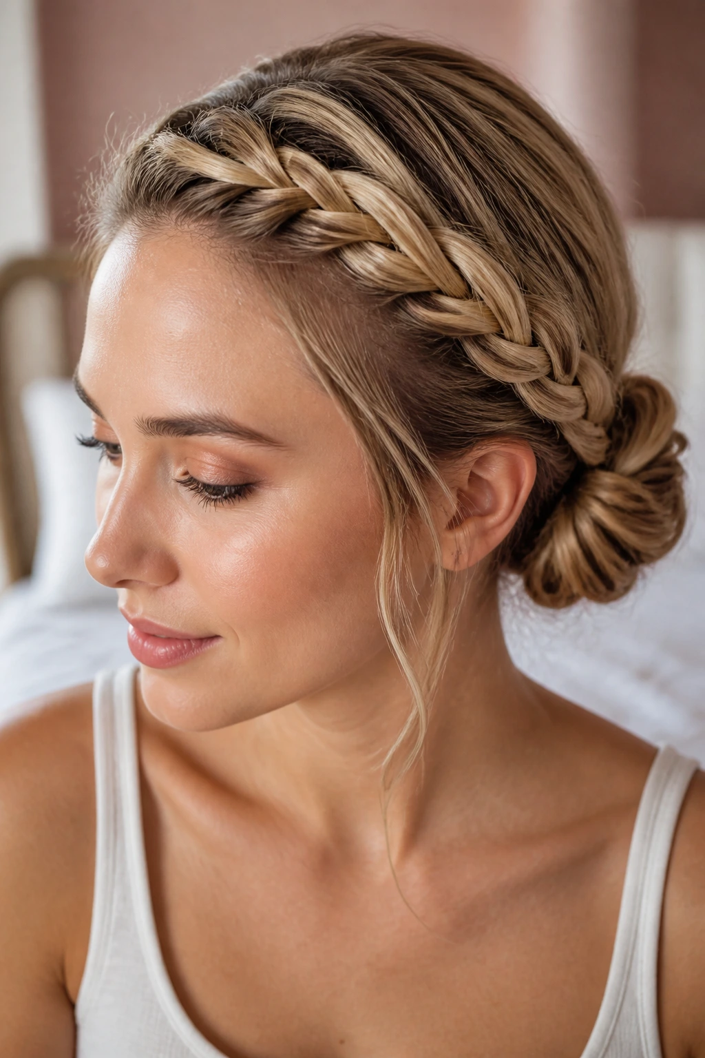 Close-up portrait of a real woman showing crown braid along hairline and a low bun at the nape in natural light