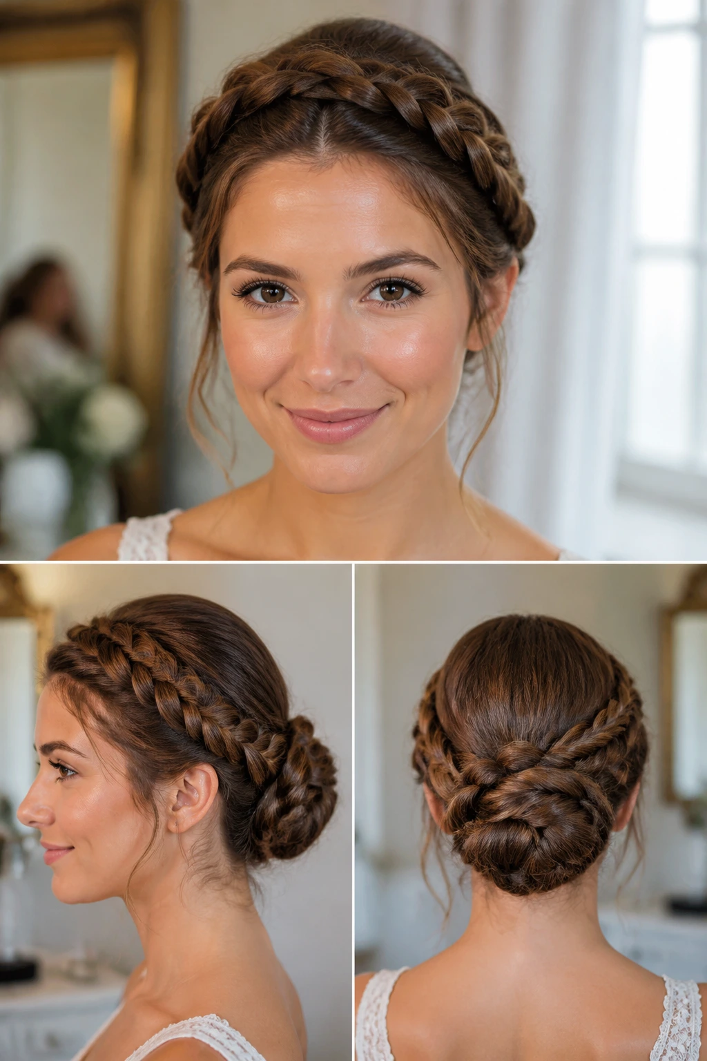 Close-up of a real woman's head showing a crown braid encircling the head and forming a bun at the back