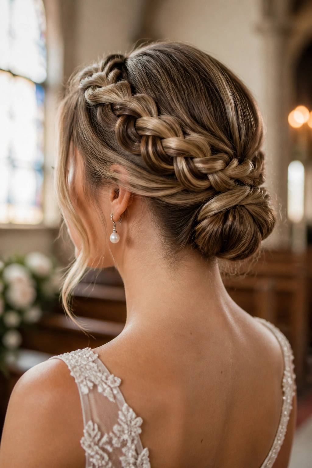 Bride with crown braid wrapping around head into a bun.