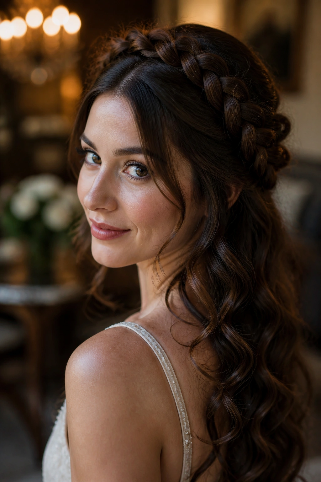 Woman with crown braid and curled ends.