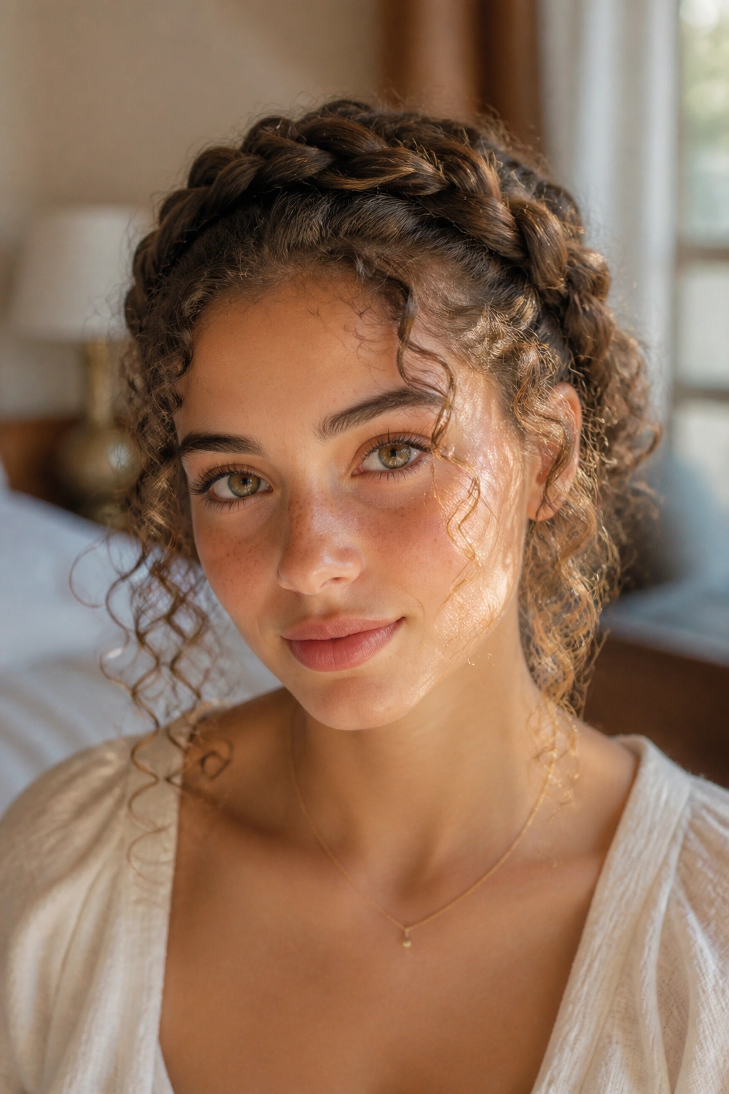 Close-up of a real person with a loose crown braid framing baby curls at the hairline