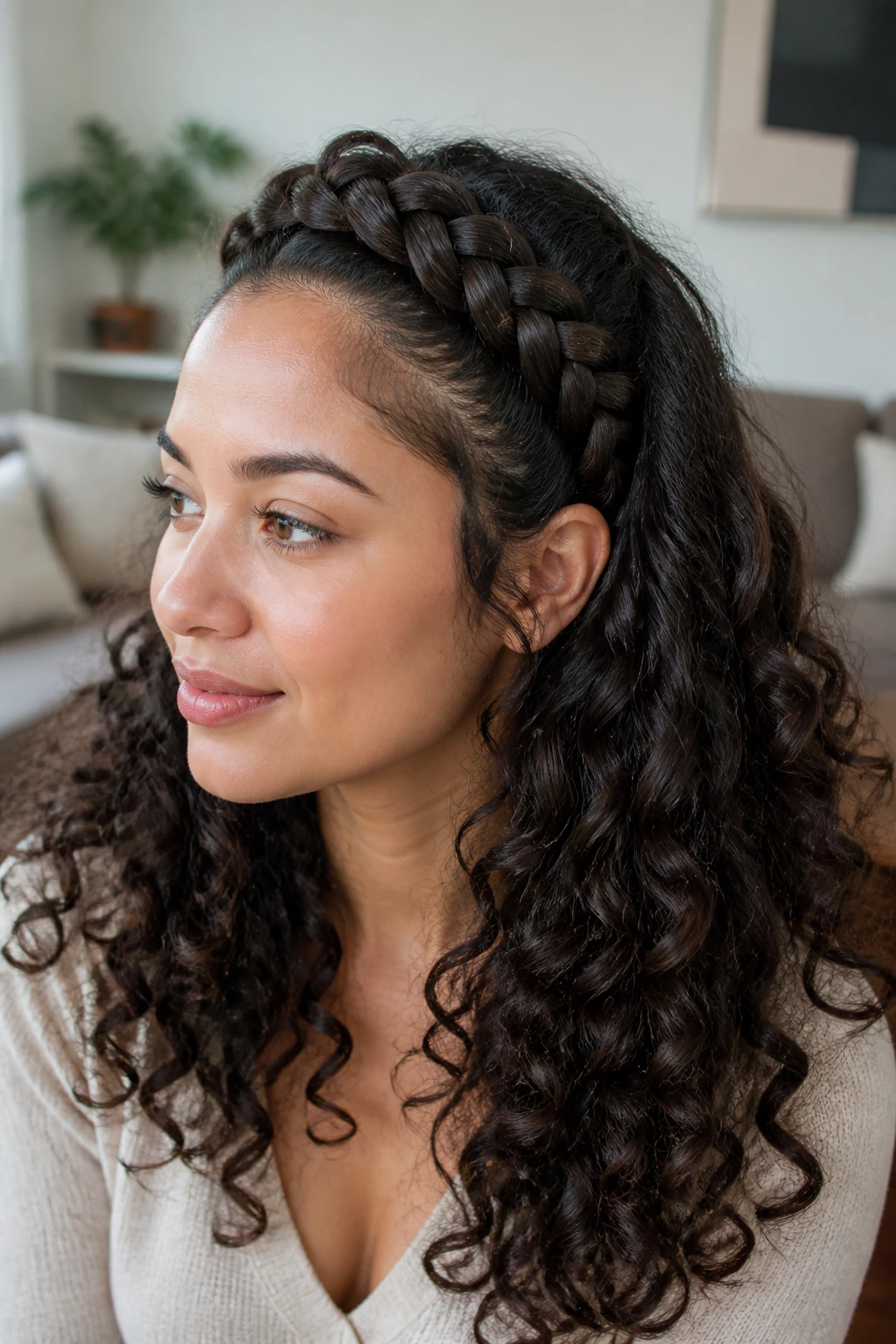 Real woman with a crown braid around the head and loose curly length