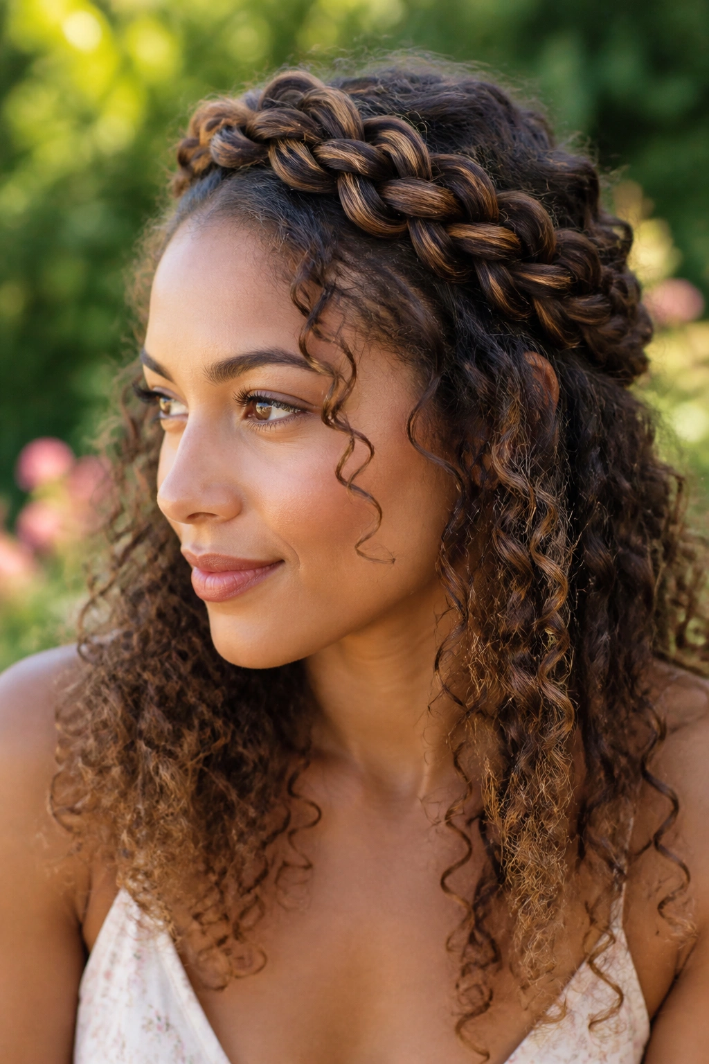 Portrait of a woman with crown braid along the hairline and loose curls around the face in sunlight