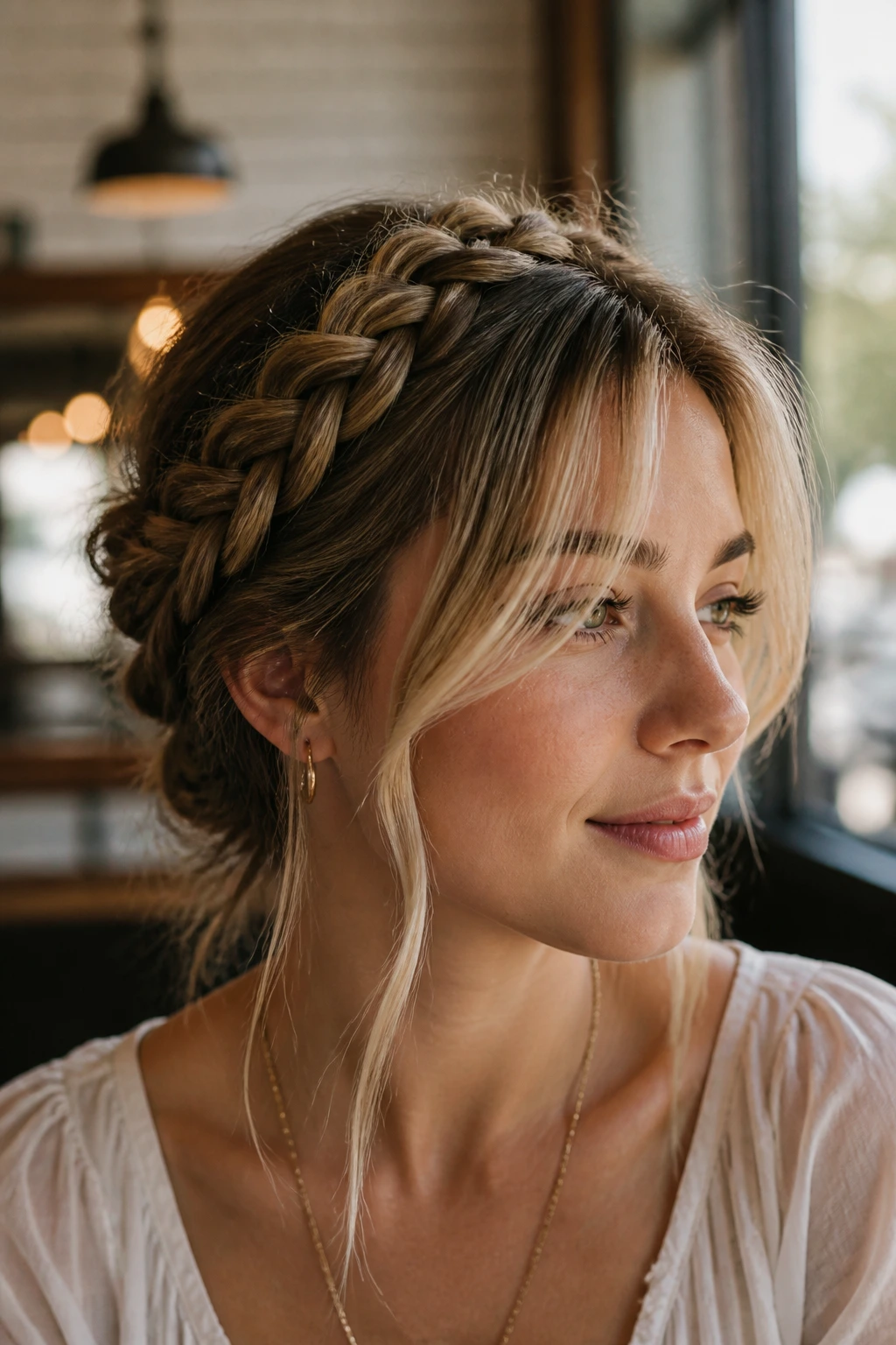 Close-up of a woman with a crown braid and curtain bangs.