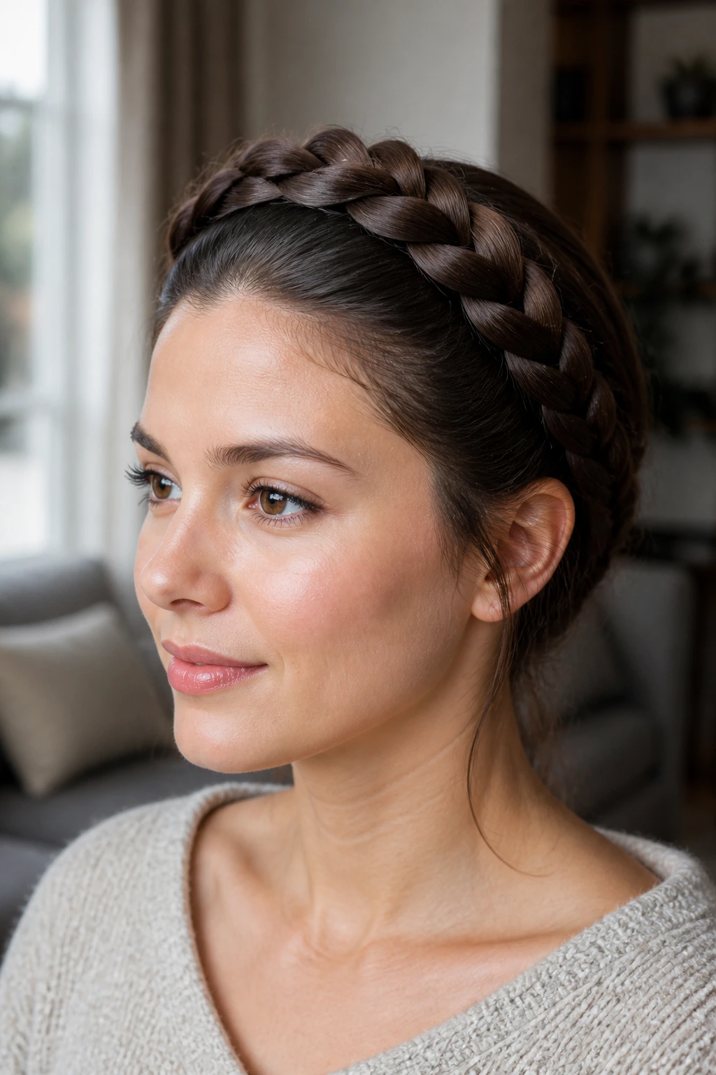Portrait of a real person with a crown braid around the head in soft daylight