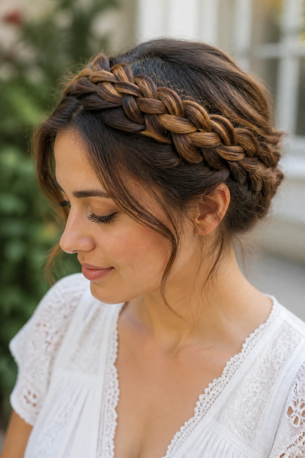 Close-up of a real woman with a flat crown braid around her head