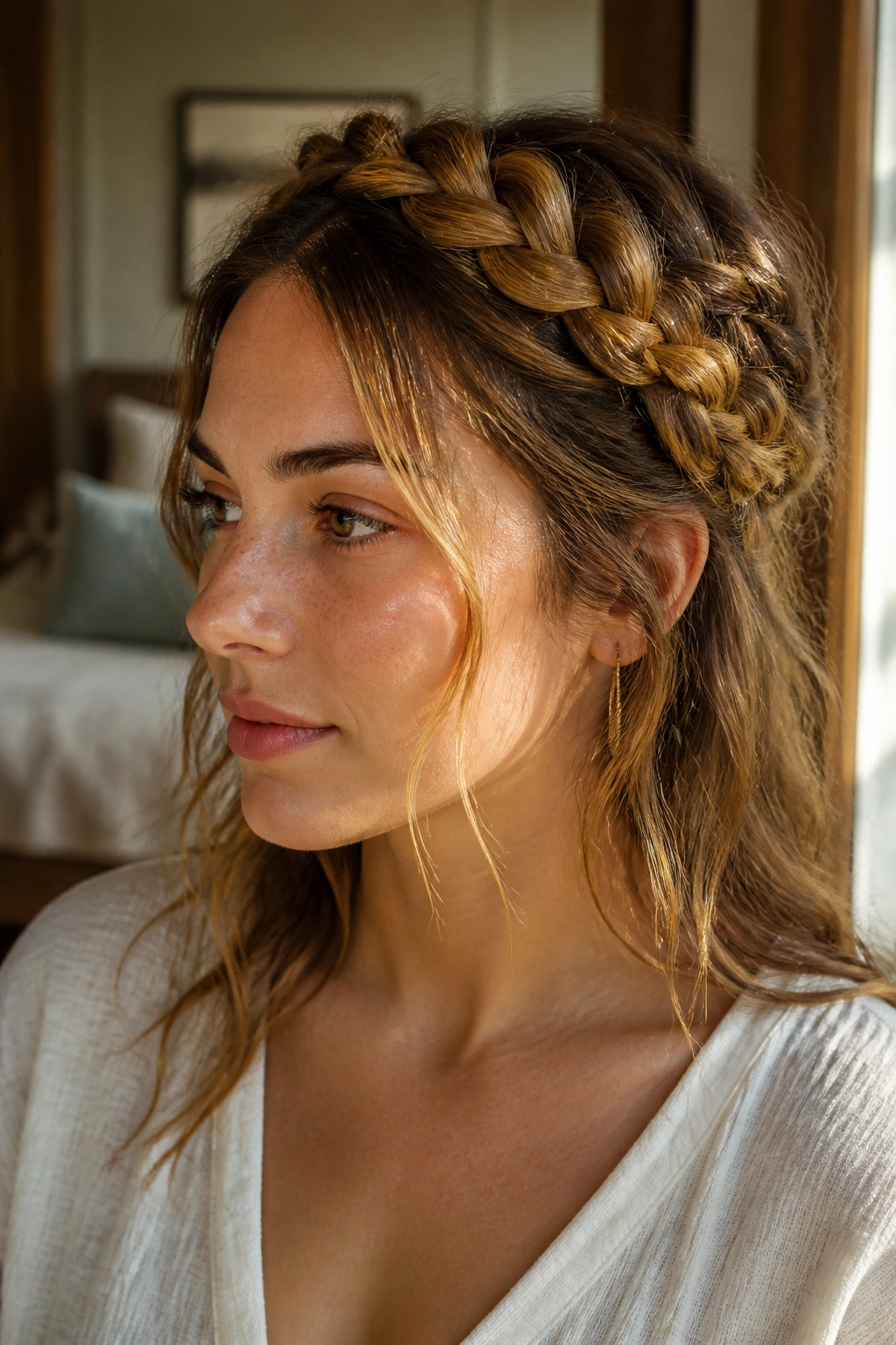 Side view of crown braid around head with front pieces neatly tamed