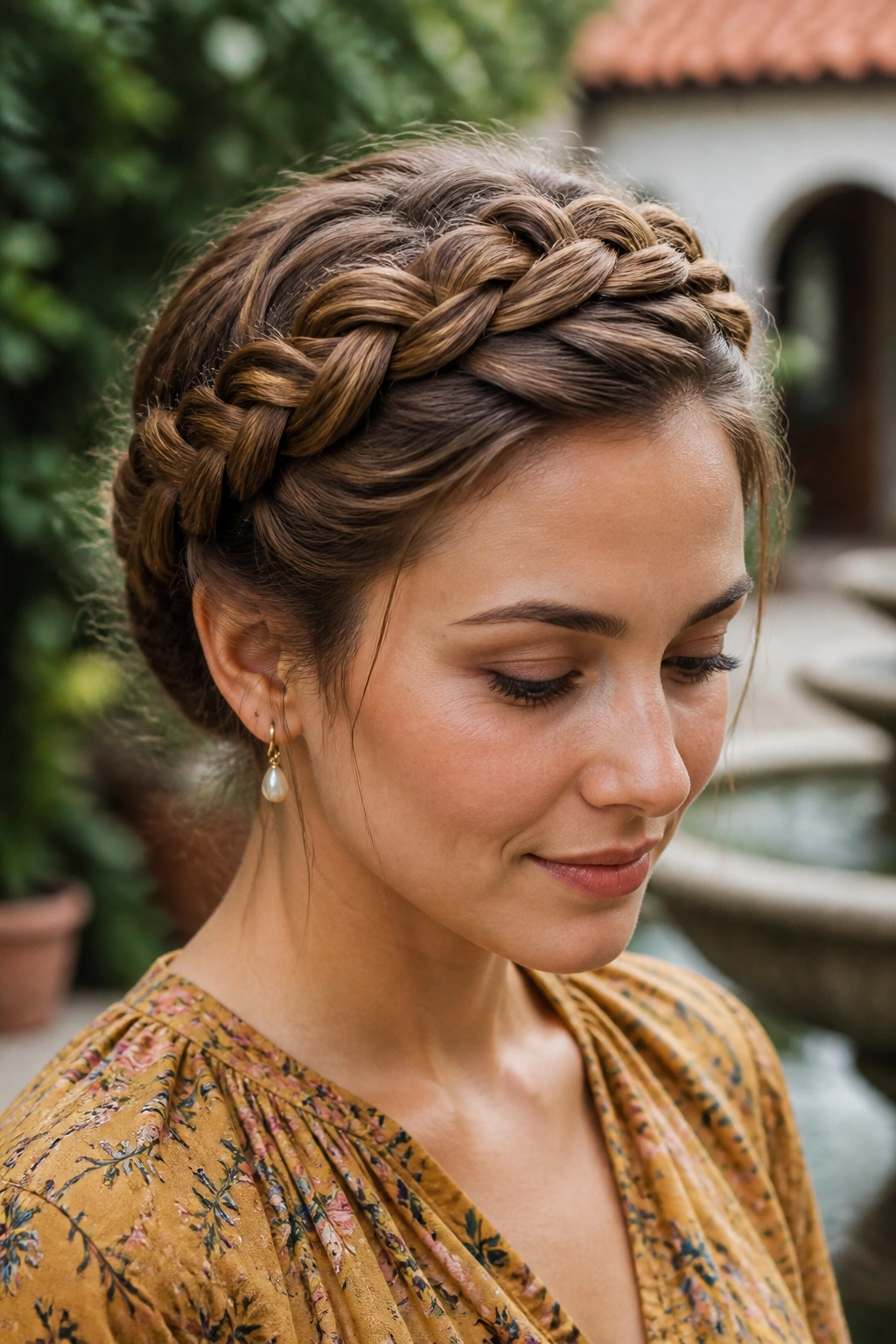 Close-up of a real woman wearing a crown braid around the head