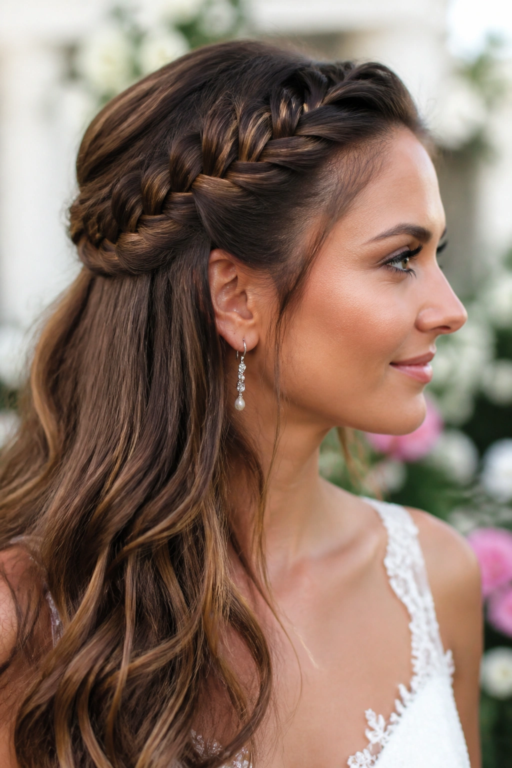 Close-up of a real woman wearing a side crown braid along the hairline.
