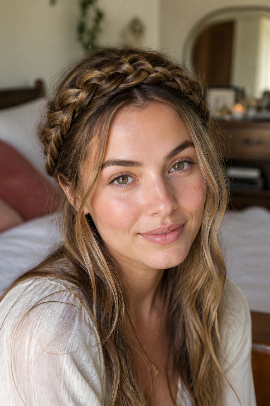 Close-up of crown braid around the hairline on a real woman with loose tendrils near the ears.