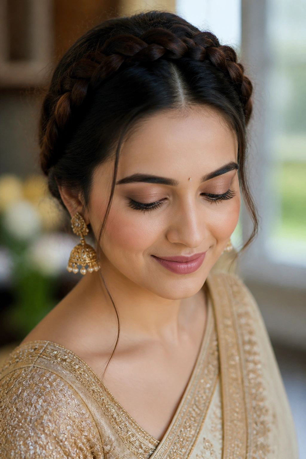 Real woman with crown braid framing the hairline and saree