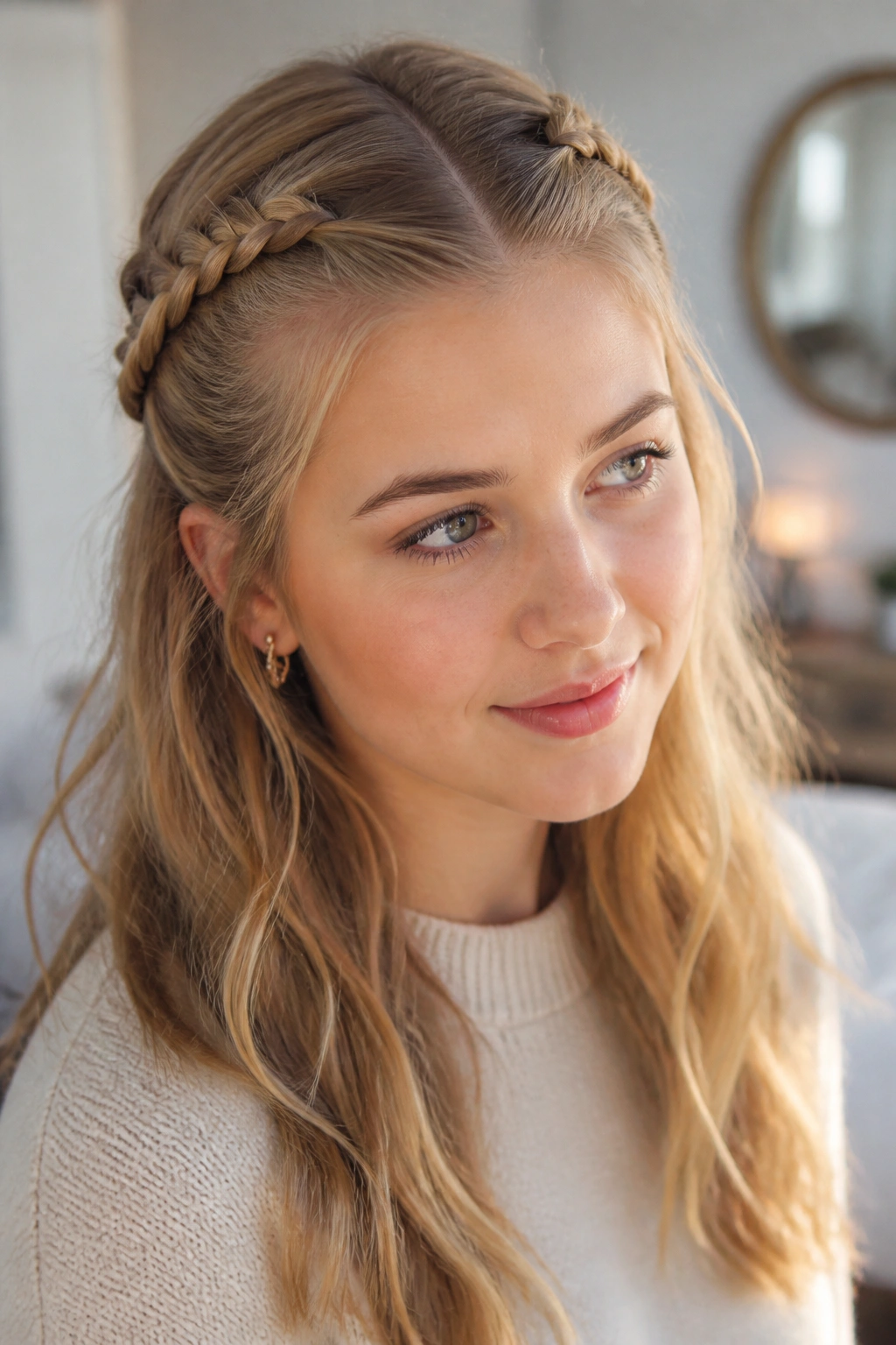 Real person with crown braids pinned behind the ears, hair down