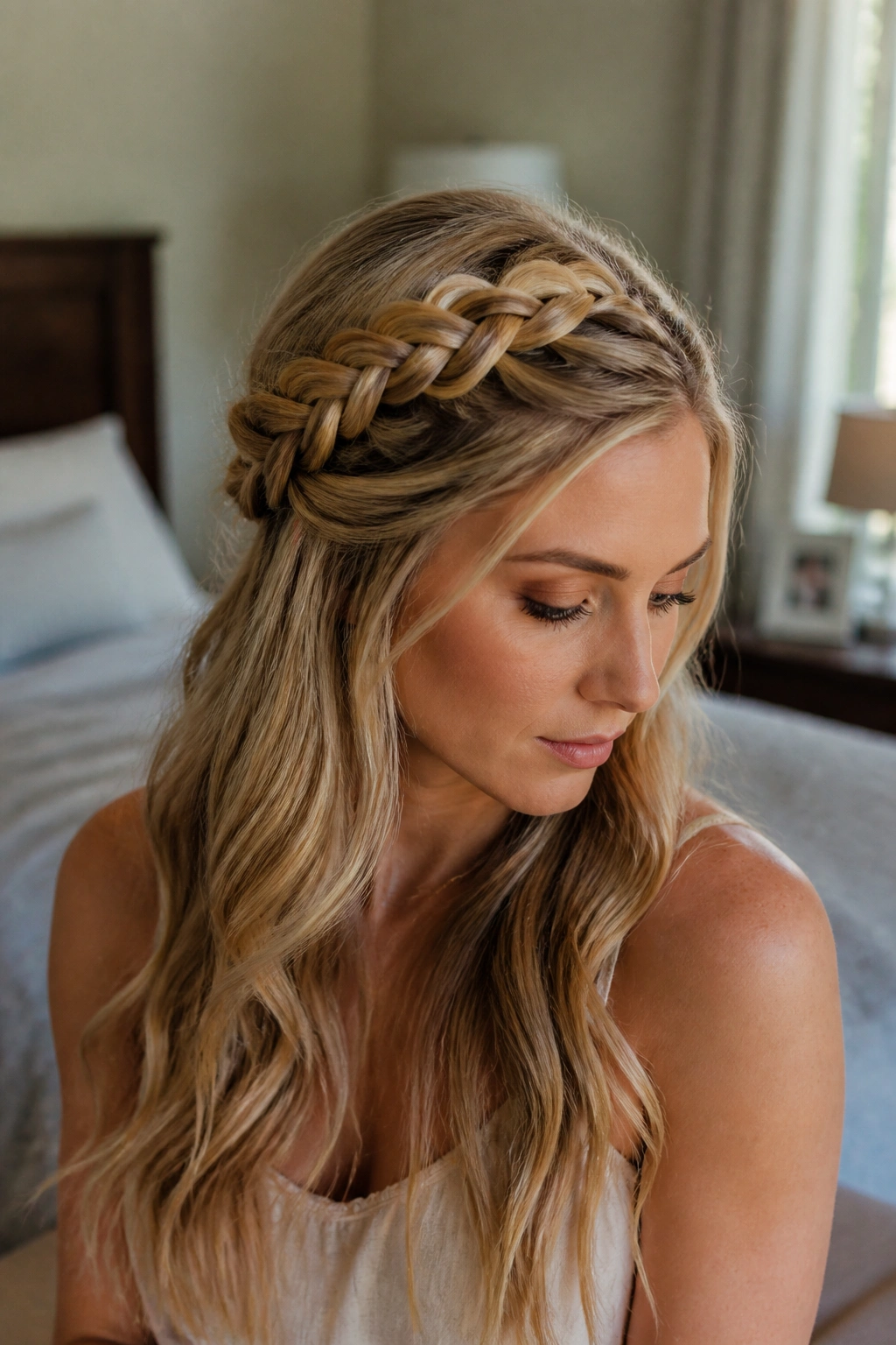 Close-up portrait of a real woman wearing a crown braid across the crown with loose waves.