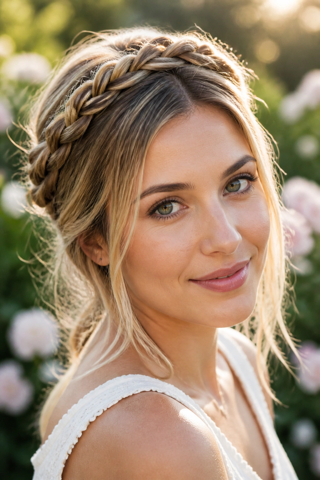 Close-up of a real person with a crown braid halo
