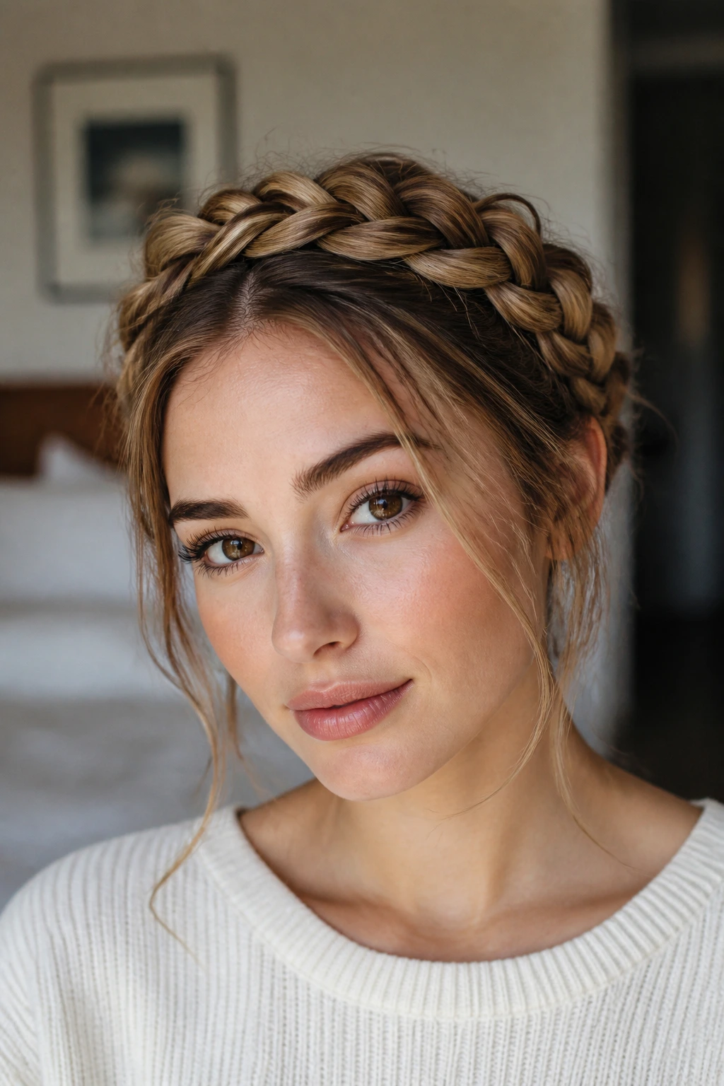 Close-up of a woman with a crown braid around her head, soft window light