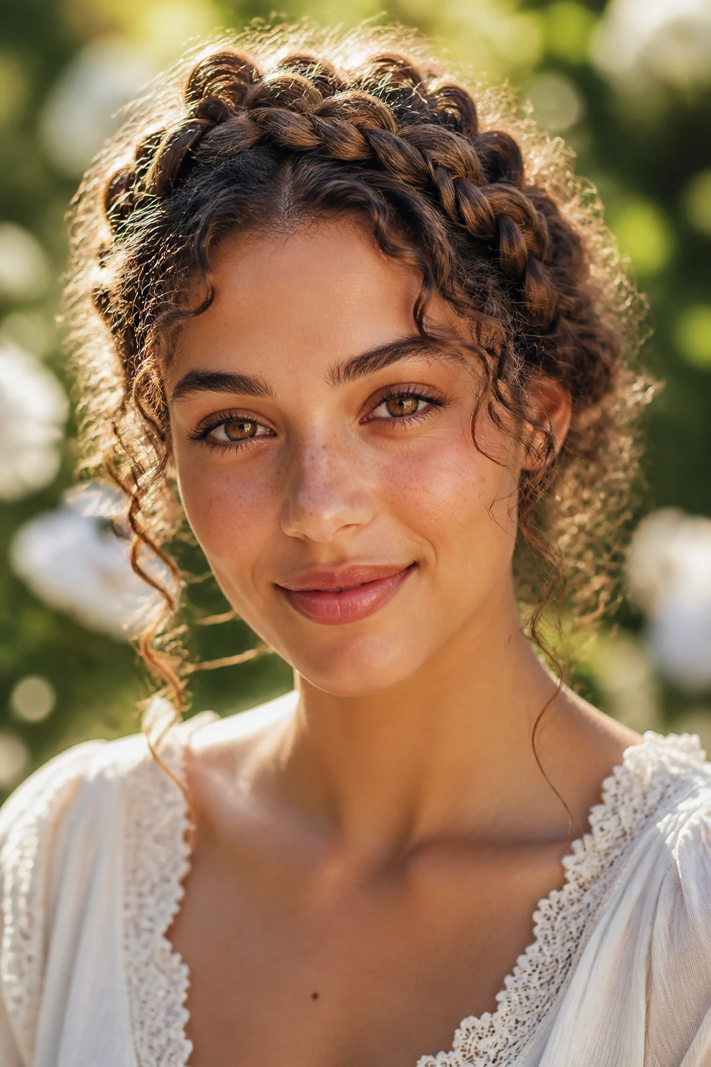 Close-up of a real woman wearing a loose crown braid halo with curls framing the face