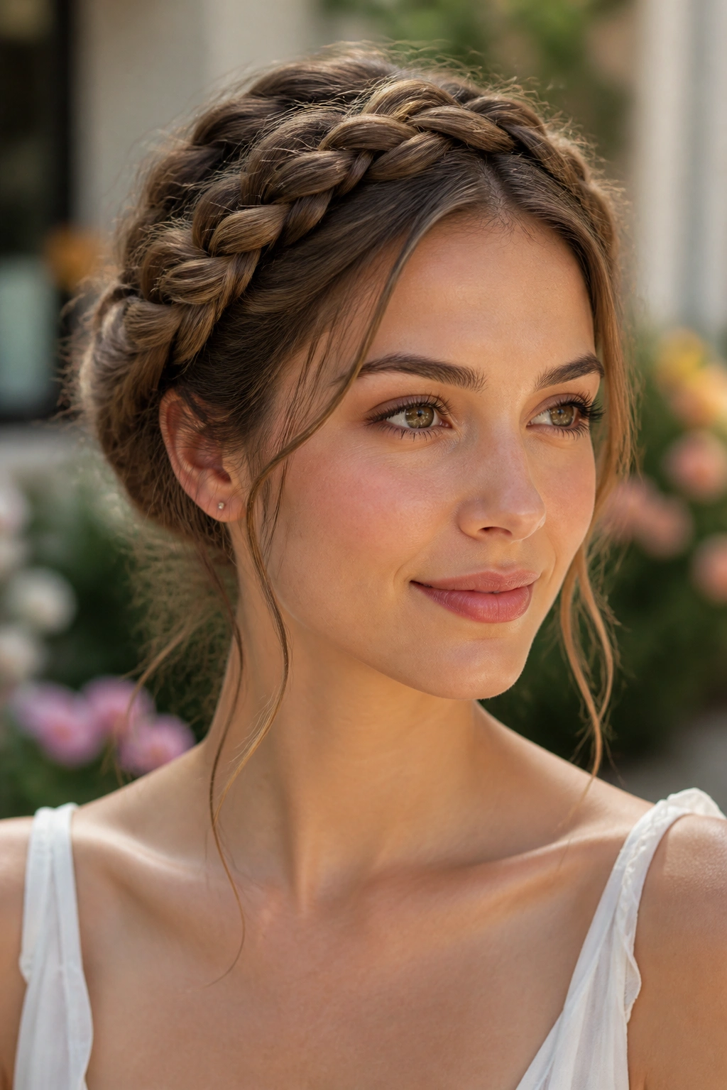 Close-up of crown braid encircling a real woman's head