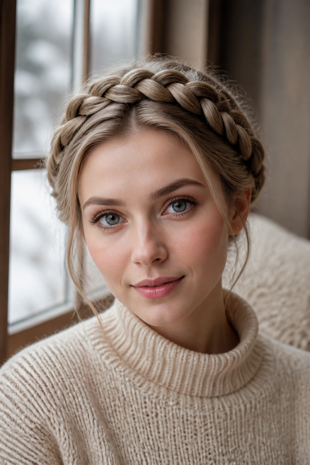 Person wearing a crown braid that circles the head