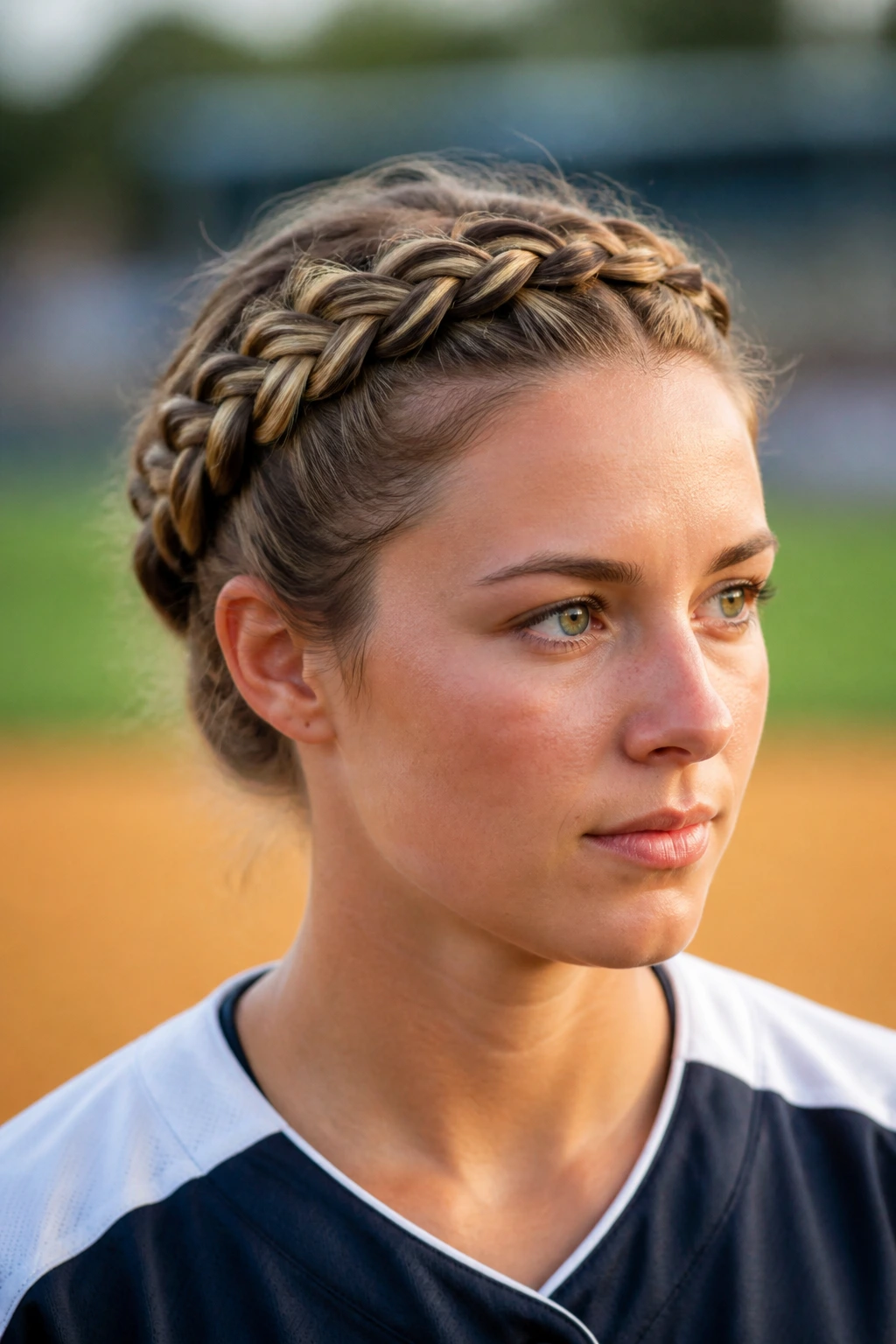 Close-up of a real athlete with a crown braid and hidden pins