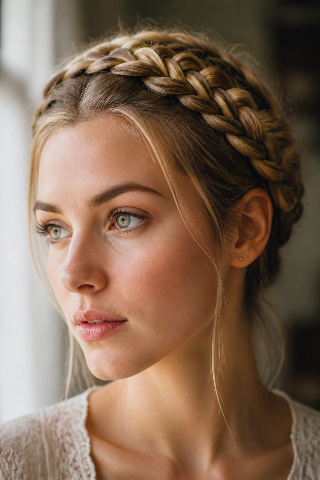 Close-up of real person wearing crown braids around the head forming a halo