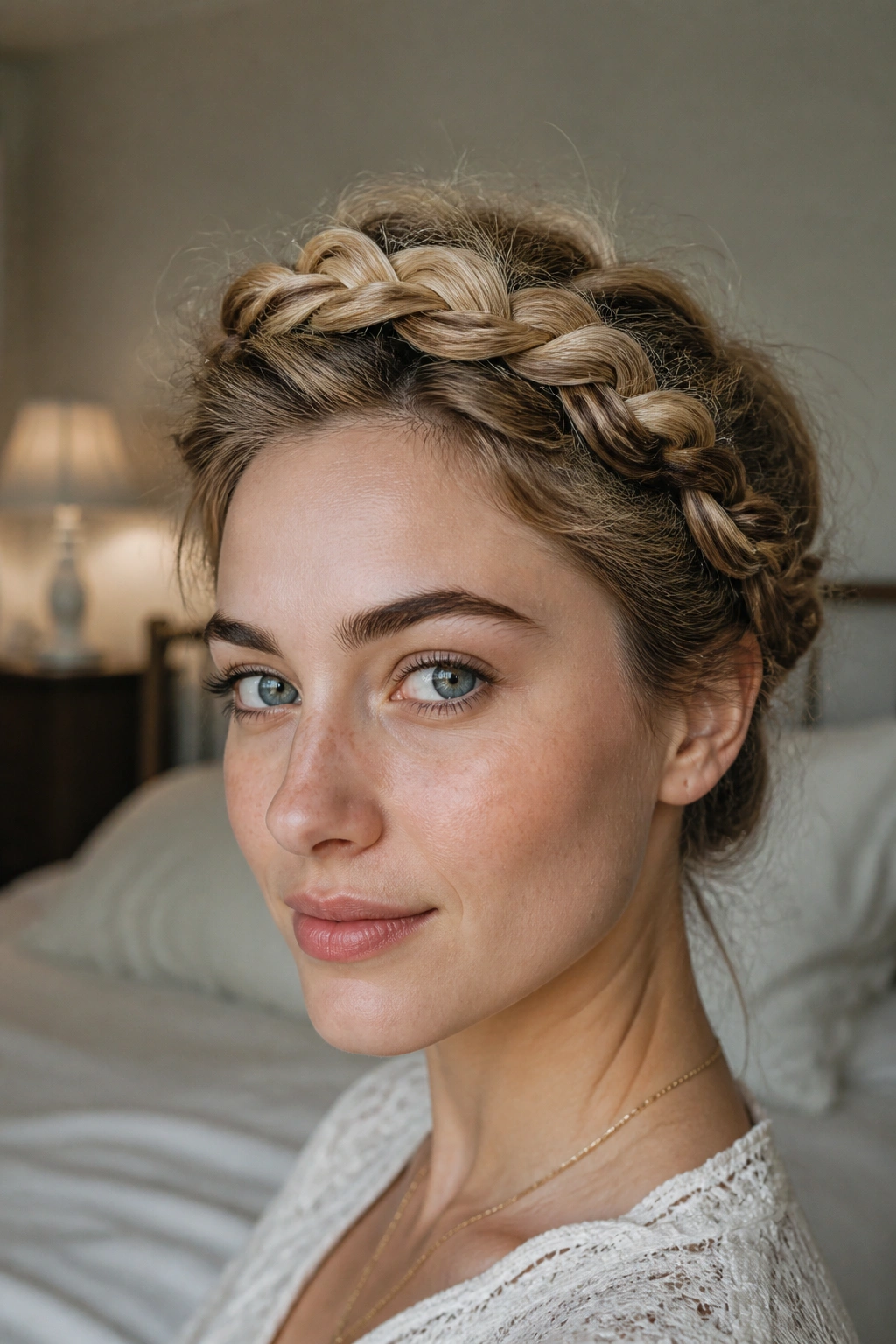Close-up of a real woman with a crown braid framing her head in soft window light