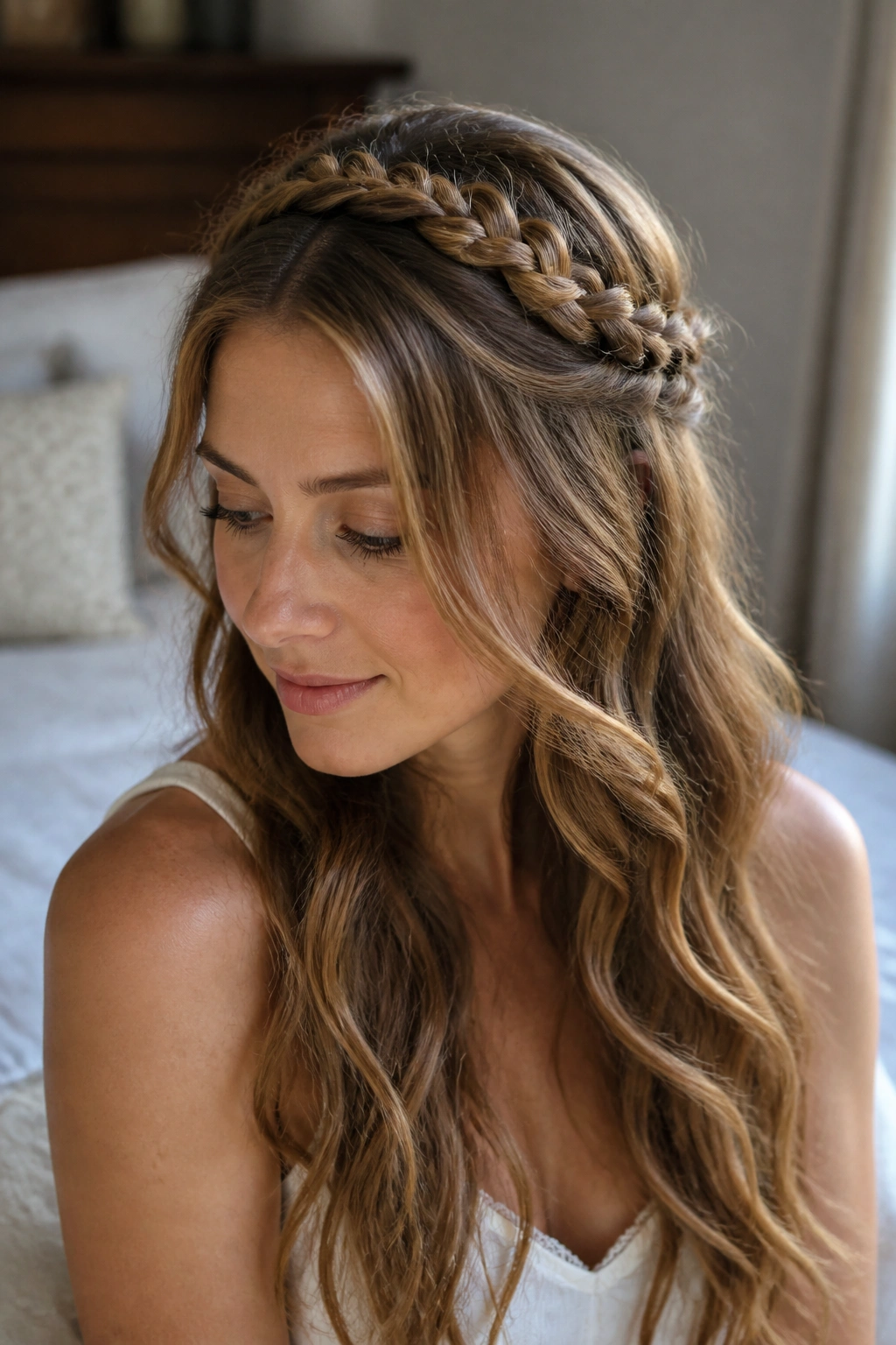 Close-up of a real woman wearing a loose crown braid with flowing long waves