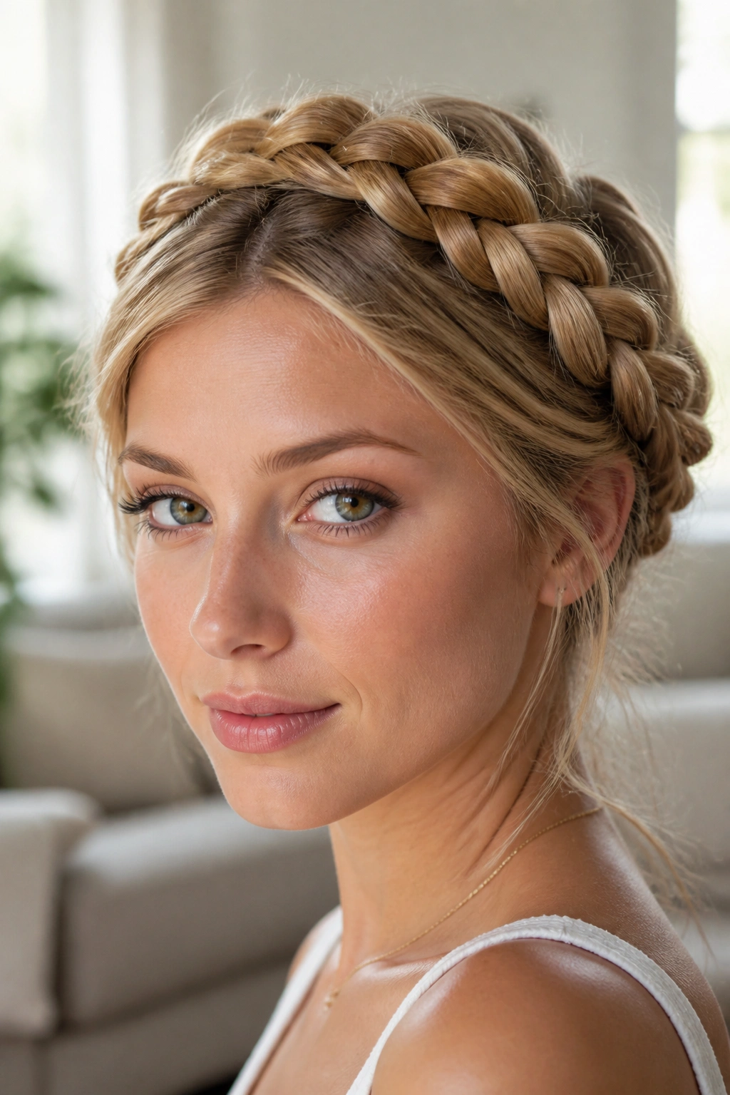 Close-up of a real woman wearing a crown braid around the hairline.